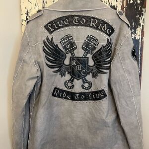 NWOT RMC patch embroidered Live To Ride Ride To Live long motorcycle jacket. XL
